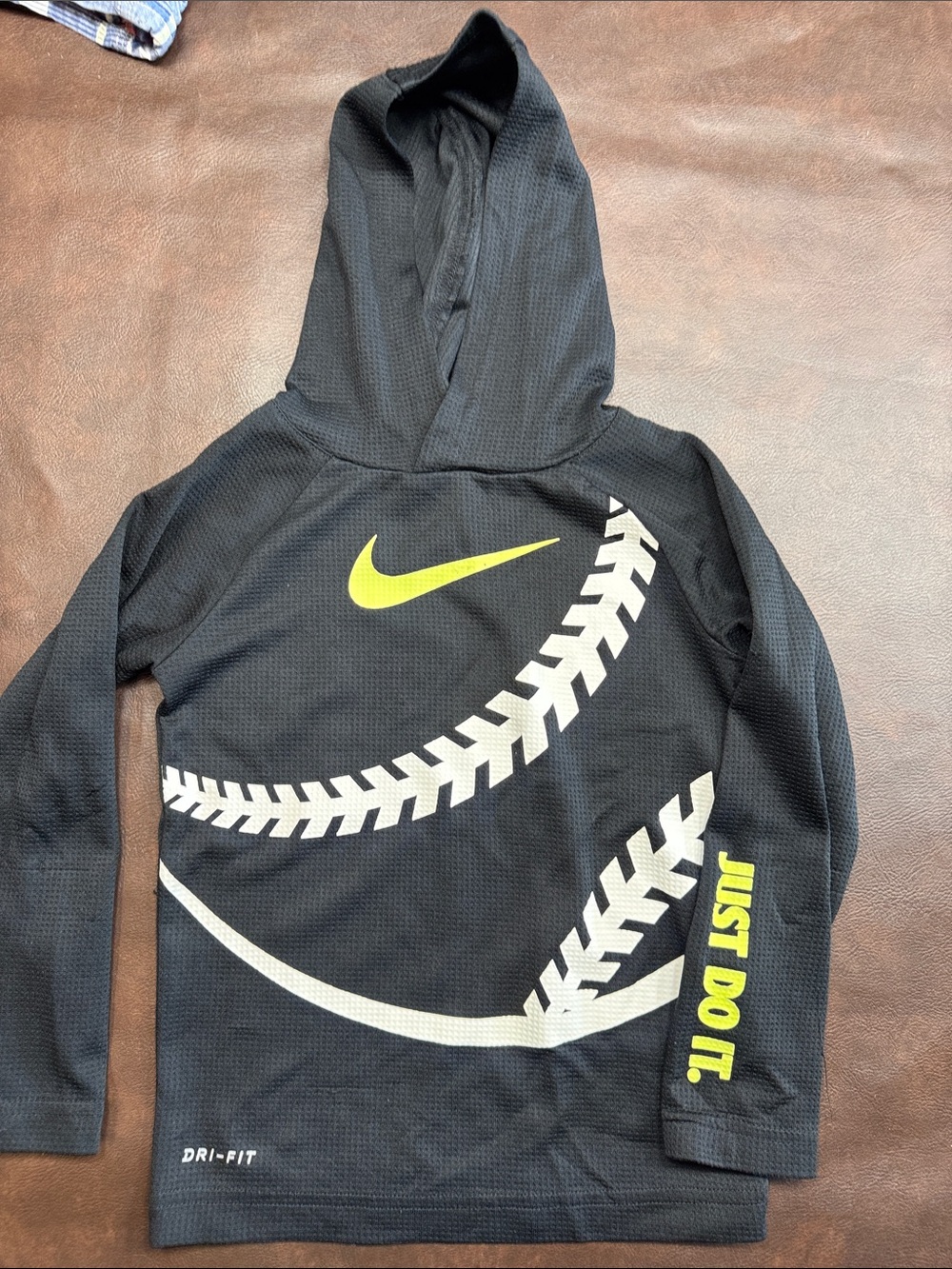 Nike Black Hoodie with White Baseball Stitch Graphic and Yellow Swoosh